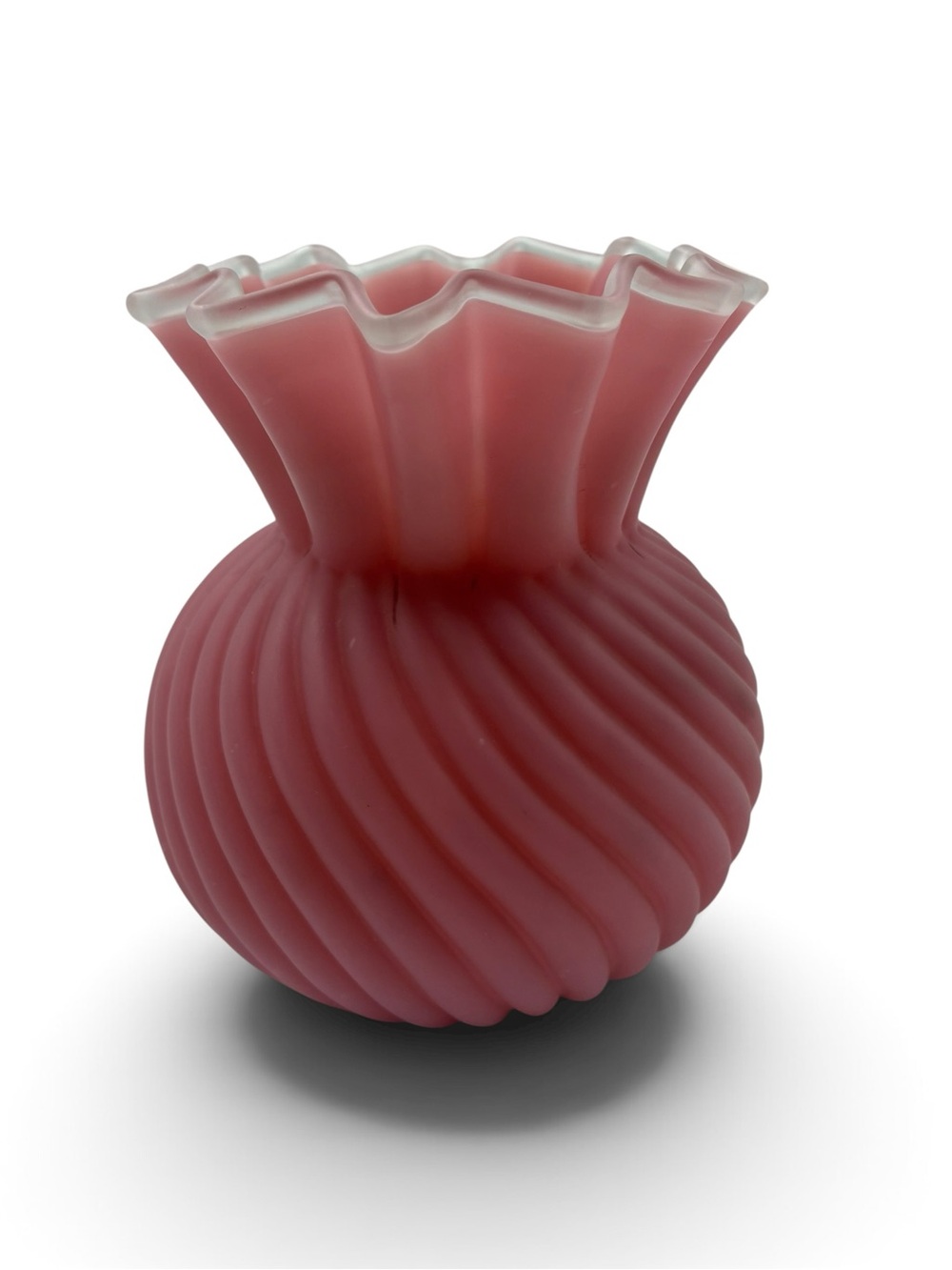 Antique Victorian Pink Satin Glass Swirl Vase Boston & Sandwich Peachblow 5"